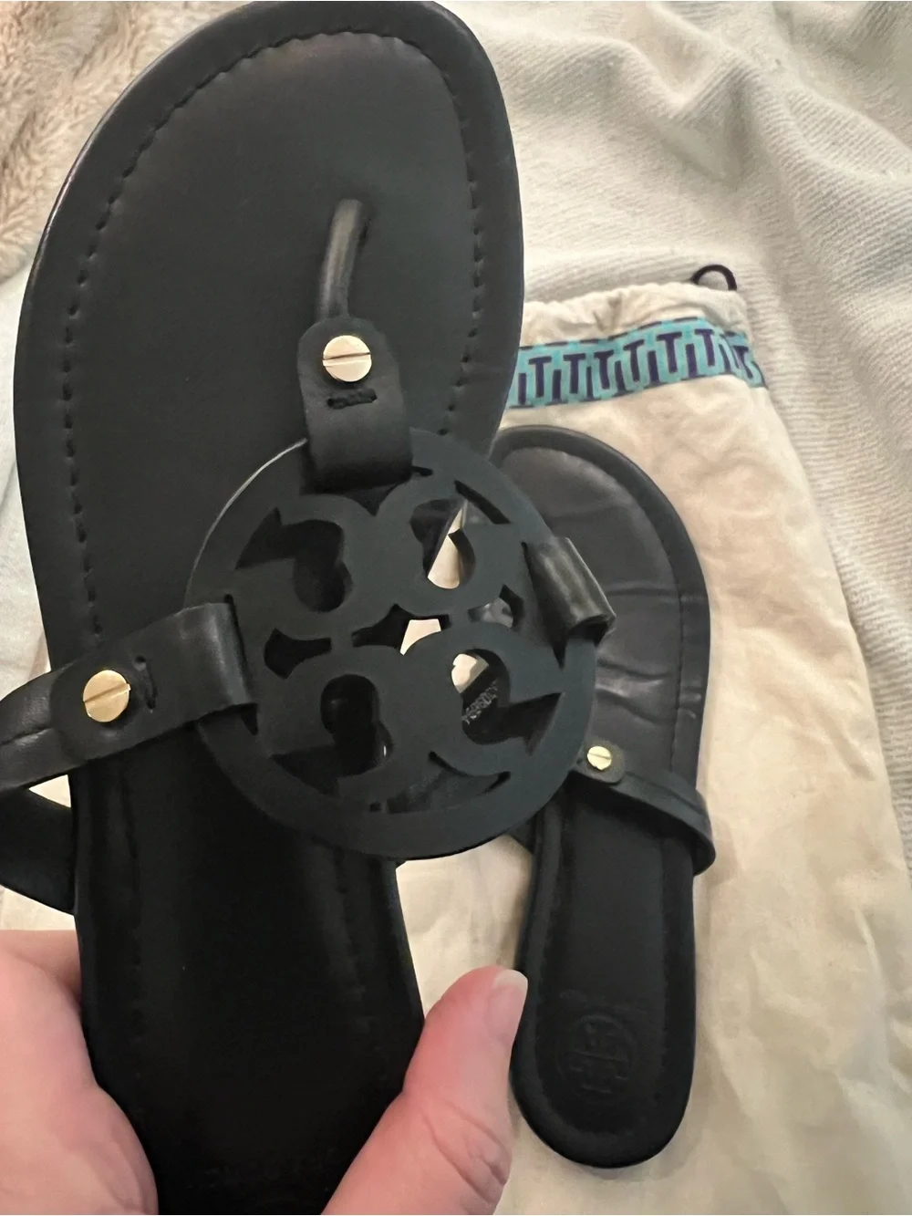 Tory Burch Black Leather Logo Thong Sandals